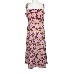 House of Harlow 1960 Spaghetti Strap Linen Open Back Pink Brown Floral Dress (L)